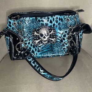 Blue Cheetah Skull Faux Patent Leather Conceal Carry Handbag